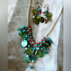Blue/Red Beaded & Shell Necklace and Earring Set
